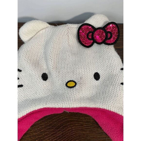 Sanrio Other - Sanrio Hello Kitty Tassle Knit Girls Beanie Bow Acrylic Pink White Size 4-16